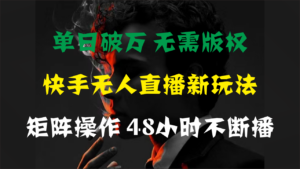 单日破万，快手无人直播新玩法，无需版权，支持矩阵操作，48小时不断播-氕氕